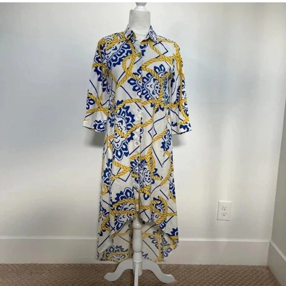 Everlily Chain Floral Pattern Linen Beach Hi Low Dress Belted Button Down NWT
